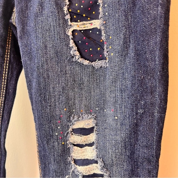 Guess Girls Size 10 Distressed Glitter Bling Rhinestone Skinny Low Blue Jeans - Picture 2 of 11